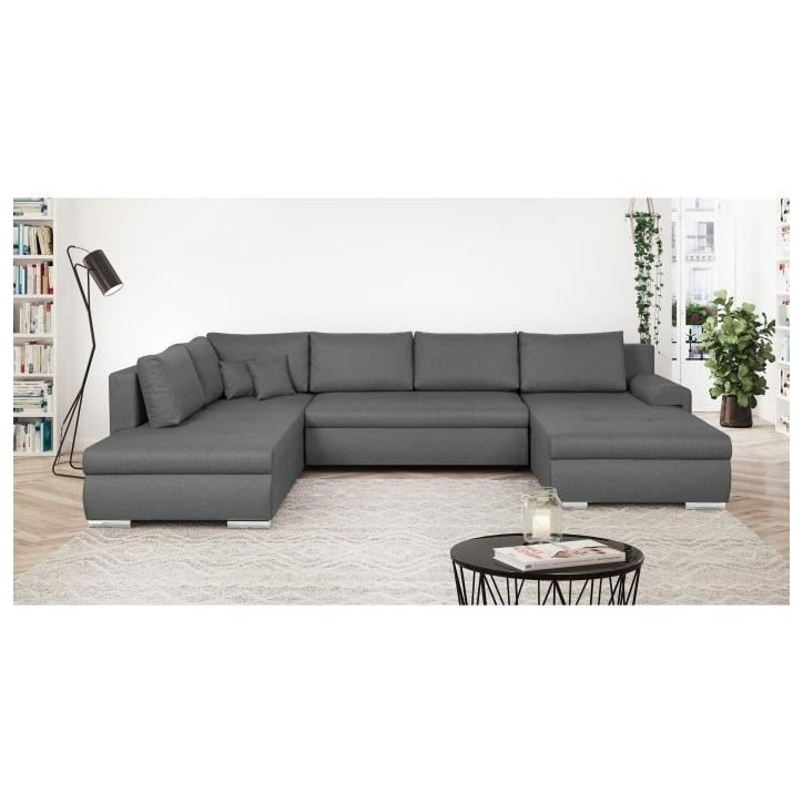 Canapé d'angle panoramique convertible - 7 places - INDIAN - Tissu 100% polyester - Gris - L360 x P228 cm