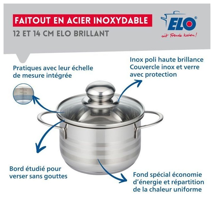 Lot de 2 faitouts - FACKELMANN - Elo Brillant - Acier inoxydable - Sans PFAS - 12 et 14 cm Lot de 2 faitouts - FACKELMANN - Elo Brillant - Acier inoxydable - Sans PFAS - 12 et 14 cm