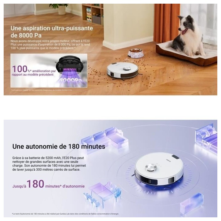 EUREKA E20 Plus - Aspirateur Robot avec Station de Vidange Automatique - 8000 Pa - Anti Enchevetrement - Évitement d'Obstacles