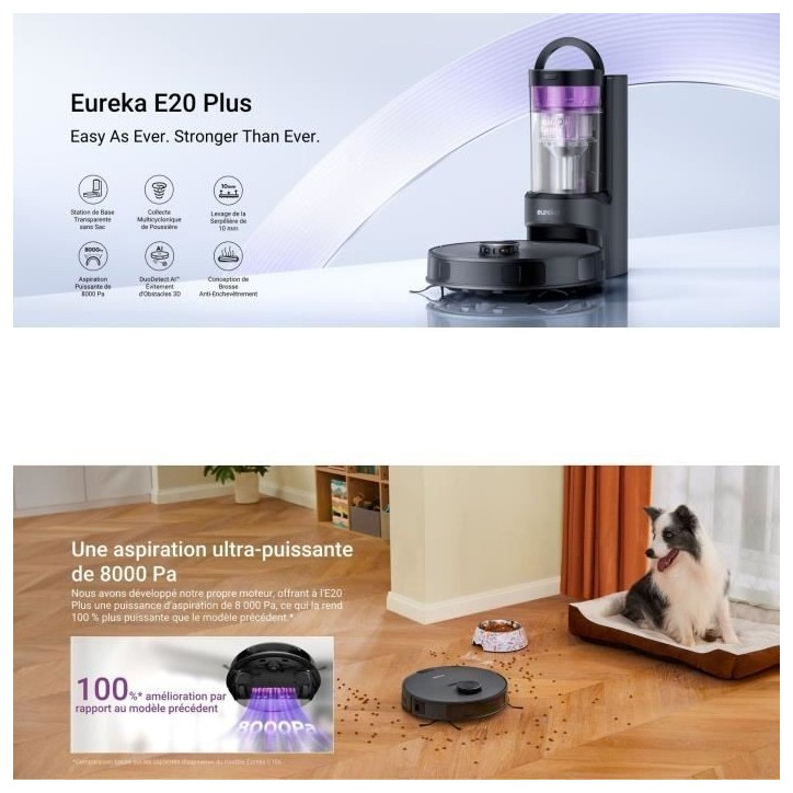 EUREKA E20 Plus - Aspirateur Robot avec Station de Vidange Automatique - 8000 Pa - Anti Enchevetrement - Évitement d'Obstacles