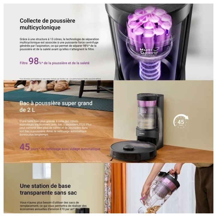 EUREKA E20 Plus - Aspirateur Robot avec Station de Vidange Automatique - 8000 Pa - Anti Enchevetrement - Évitement d'Obstacles