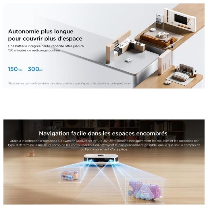 EUREKA J12 Ultra - Robot Aspirateur Laveur avec Station Automatique de Vidange - Serpilliere Rotative - Double LiDAR Navigation