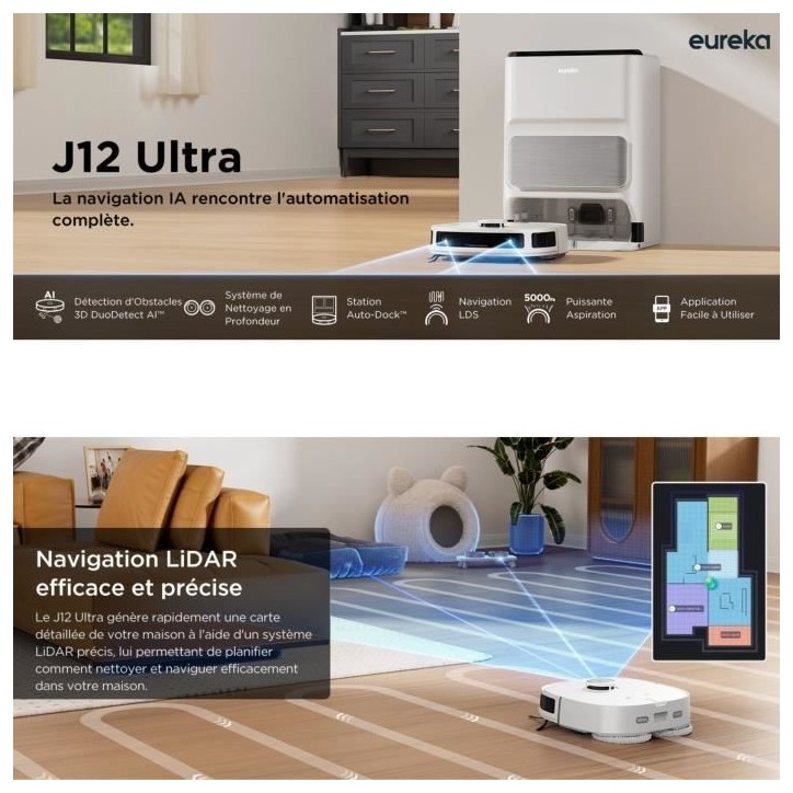 EUREKA J12 Ultra - Robot Aspirateur Laveur avec Station Automatique de Vidange - Serpilliere Rotative - Double LiDAR Navigation