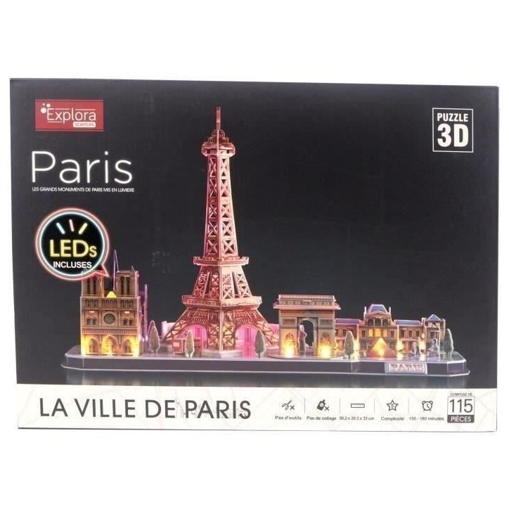 Puzzle 3D lumineux - Monuments De Paris - Jeu de construction - EXPLORA - 115 pieces - Des 8 ans