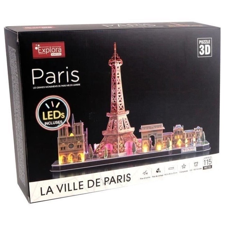 Puzzle 3D lumineux - Monuments De Paris - Jeu de construction - EXPLORA - 115 pieces - Des 8 ans