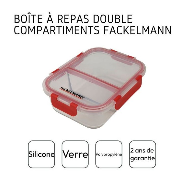 Lot de 2 boîtes a repas en verre - FACKELMANN - Move - Deux compartiments - 1000 ml Lot de 2 boîtes a repas en verre - FACKELMANN - Move - Deux compartiments - 1000 ml