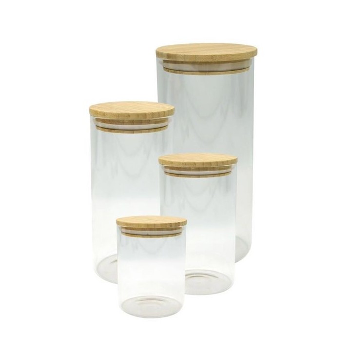 Set de 4 boîtes de conservation en verre - FACKELMANN - Nature - Couvercle en bambou Set de 4 boîtes de conservation en verre - FACKELMANN - Nature - Couvercle en bambou