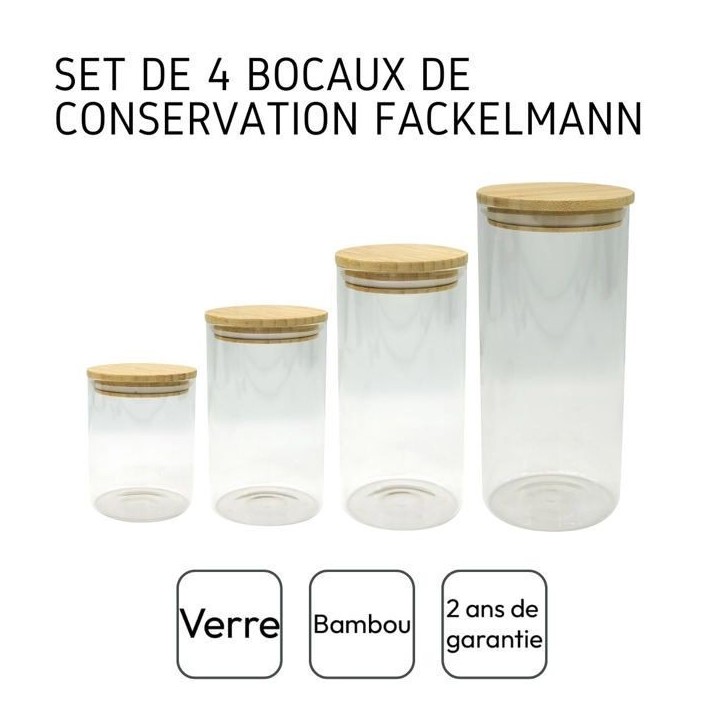 Set de 4 boîtes de conservation en verre - FACKELMANN - Nature - Couvercle en bambou Set de 4 boîtes de conservation en verre - FACKELMANN - Nature - Couvercle en bambou