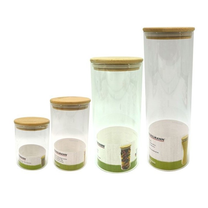 Set de 4 boîtes de conservation en verre - FACKELMANN - Nature - Couvercle en bambou Set de 4 boîtes de conservation en verre - FACKELMANN - Nature - Couvercle en bambou