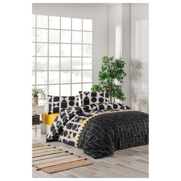 Parure de lit - 1 housse de couette 220 x 240 cm + 2 taies d'oreiller 60 x 60 cm - 100% coton renforcé - Noir