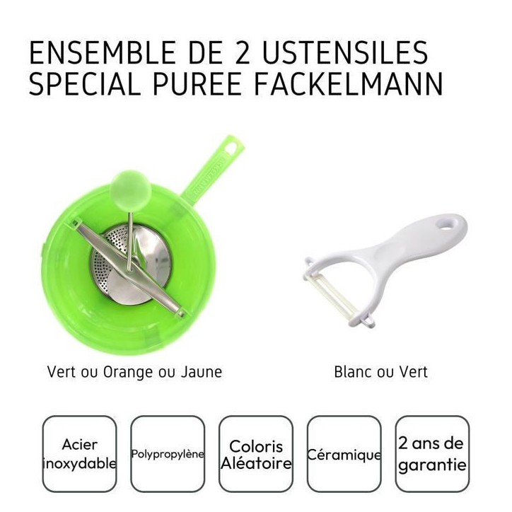 Ensemble de 2 ustensiles spécial purée avec éplucheur et moulin a légumes - FACKELMANN - Ensemble de 2 ustensiles spécial purée avec éplucheur et moulin a légumes - FACKELMANN -