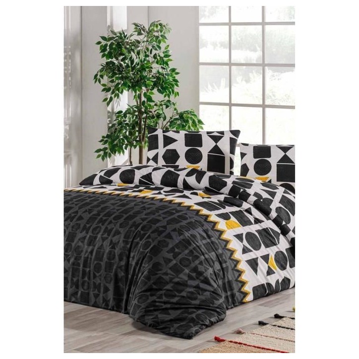 Parure de lit - 1 housse de couette 220 x 240 cm + 2 taies d'oreiller 60 x 60 cm - 100% coton renforcé - Noir