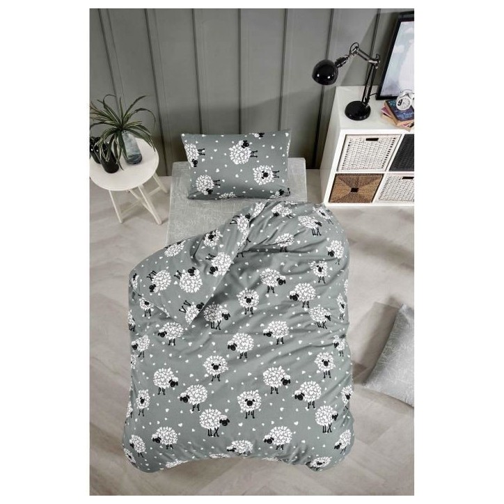 Parure de lit - 1 housse de couette 220 x 240 cm + 2 taies d'oreiller 60 x 60 cm - 65% coton, 35% polyester - Gris