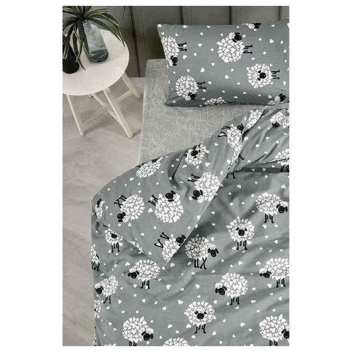 Parure de lit - 1 housse de couette 220 x 240 cm + 2 taies d'oreiller 60 x 60 cm - 65% coton, 35% polyester - Gris
