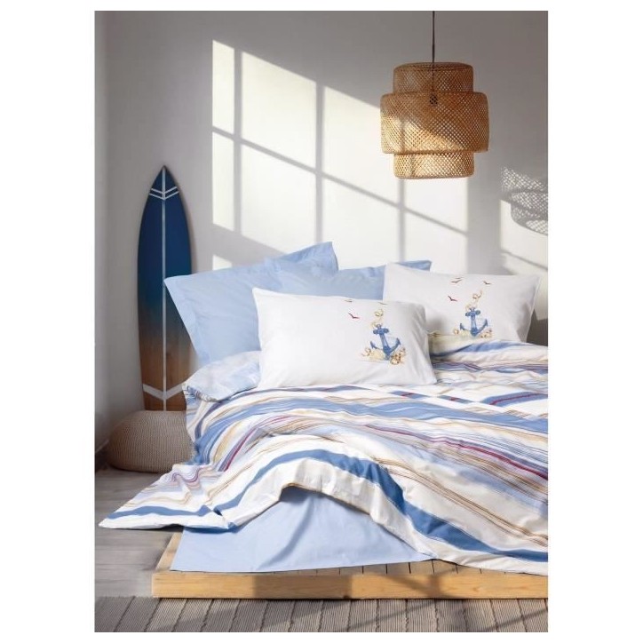 Parure de lit - 1 housse de couette 220 x 240 cm + 2 taies d'oreiller 60 x 60 cm - 100% coton renforcé - Bleu Parure de lit - 1 housse de couette 220 x 240 cm + 2 taies d'oreiller 60 x 60 cm - 100% coton renforcé - Bleu