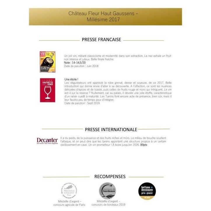 Château Fleur Haut Gaussens 2017 Bordeaux Supérieur - Vin rouge de Bordeaux