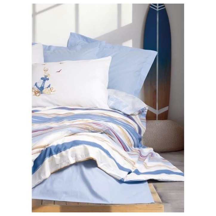 Parure de lit - 1 housse de couette 220 x 240 cm + 2 taies d'oreiller 60 x 60 cm - 100% coton renforcé - Bleu Parure de lit - 1 housse de couette 220 x 240 cm + 2 taies d'oreiller 60 x 60 cm - 100% coton renforcé - Bleu