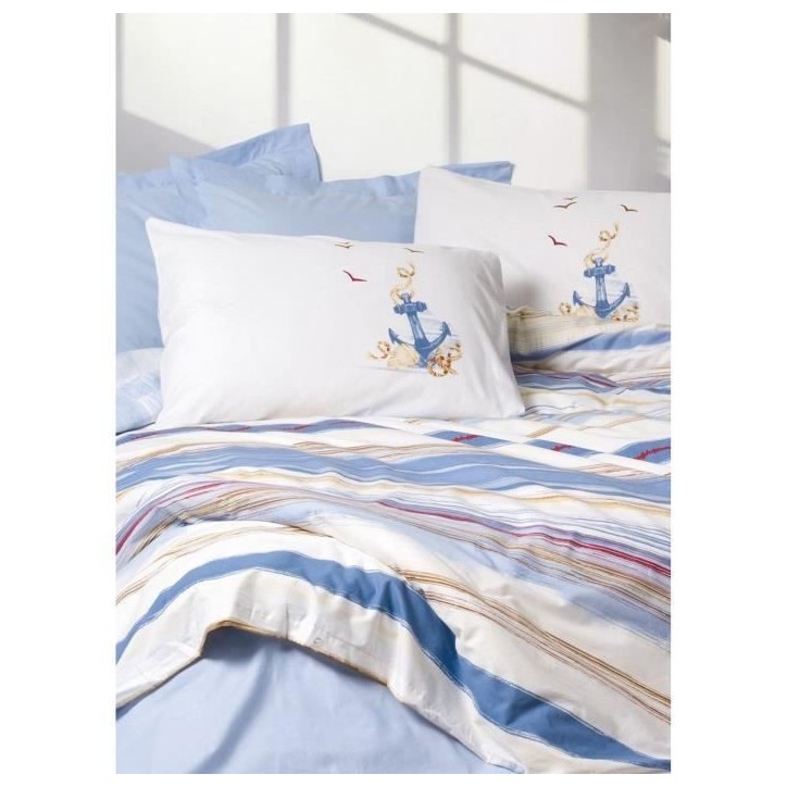 Parure de lit - 1 housse de couette 220 x 240 cm + 2 taies d'oreiller 60 x 60 cm - 100% coton renforcé - Bleu Parure de lit - 1 housse de couette 220 x 240 cm + 2 taies d'oreiller 60 x 60 cm - 100% coton renforcé - Bleu
