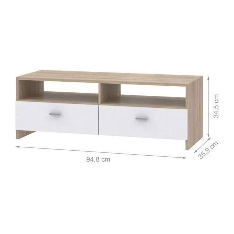 Meuble TV PILVI - Blanc mat et chene - Contemporain - L 95 x P 36 x H