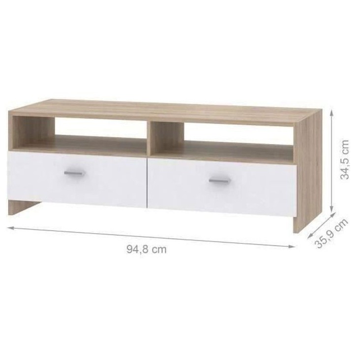 Meuble TV PILVI - Blanc mat et chene - Contemporain - L 95 x P 36 x H 34,5 cm Meuble TV PILVI - Blanc mat et chene - Contemporain - L 95 x P 36 x H 34,5 cm