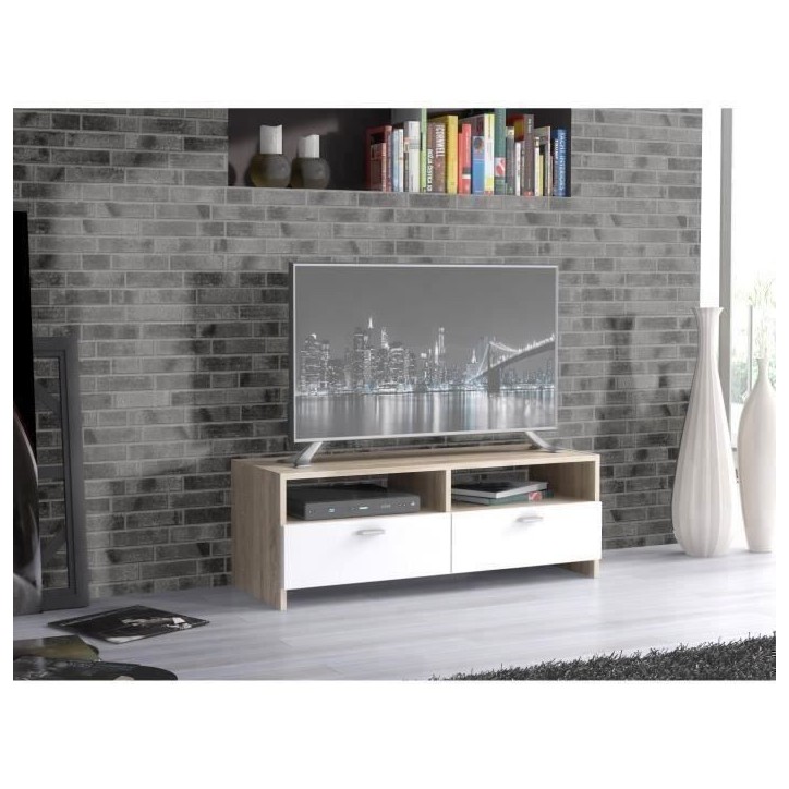 Meuble TV PILVI - Blanc mat et chene - Contemporain - L 95 x P 36 x H 34,5 cm Meuble TV PILVI - Blanc mat et chene - Contemporain - L 95 x P 36 x H 34,5 cm