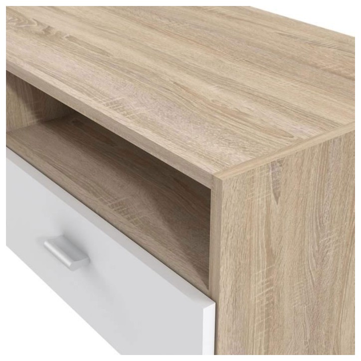 Meuble TV PILVI - Blanc mat et chene - Contemporain - L 95 x P 36 x H 34,5 cm Meuble TV PILVI - Blanc mat et chene - Contemporain - L 95 x P 36 x H 34,5 cm