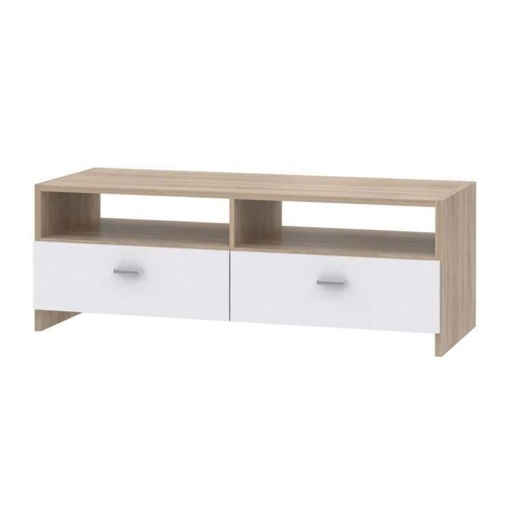 Meuble TV PILVI - Blanc mat et chene - Contemporain - L 95 x P 36 x H 34,5 cm Meuble TV PILVI - Blanc mat et chene - Contemporain - L 95 x P 36 x H 34,5 cm