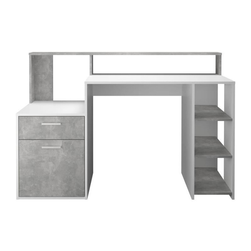 Bureau avec réhausse et rangements BOLTON - Mélamine blanc/gris bét