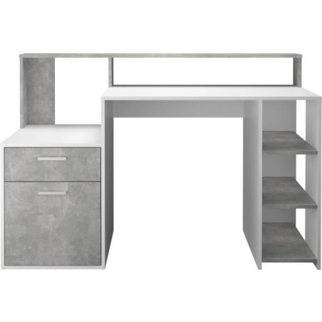 Bureau avec réhausse et rangements BOLTON - Mélamine blanc/gris bét