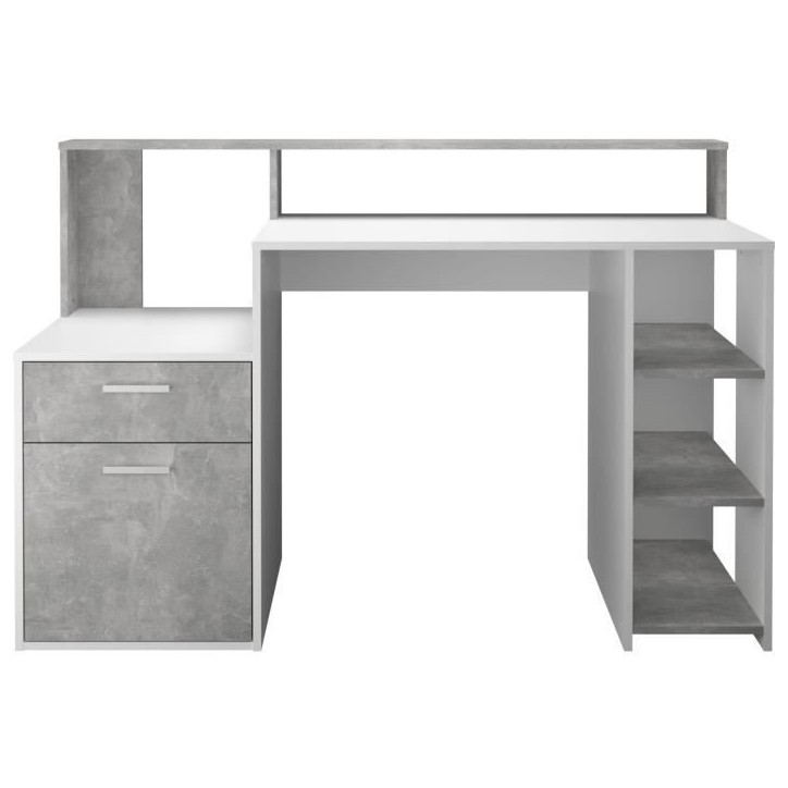 Bureau avec réhausse et rangements BOLTON - Mélamine blanc/gris béton - L138,5 x H91,6 x P53,5 cm Bureau avec réhausse et rangements BOLTON - Mélamine blanc/gris béton - L138,5 x H91,6 x P53,5 cm