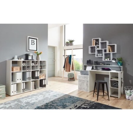 Bureau avec réhausse et rangements BOLTON - Mélamine blanc/gris béton - L138,5 x H91,6 x P53,5 cm