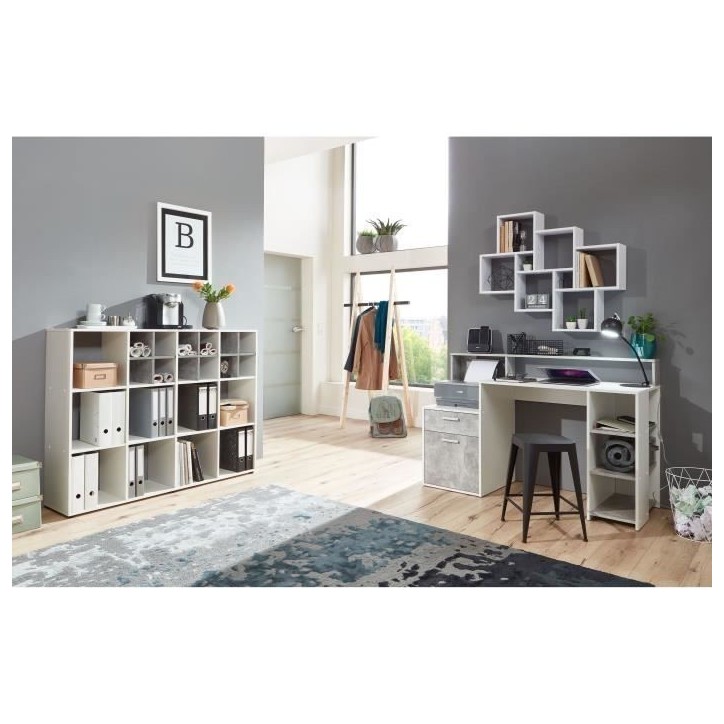 Bureau avec réhausse et rangements BOLTON - Mélamine blanc/gris béton - L138,5 x H91,6 x P53,5 cm Bureau avec réhausse et rangements BOLTON - Mélamine blanc/gris béton - L138,5 x H91,6 x P53,5 cm