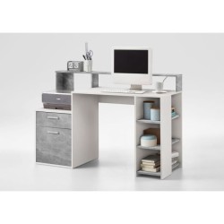 Bureau avec réhausse et rangements BOLTON - Mélamine blanc/gris bét