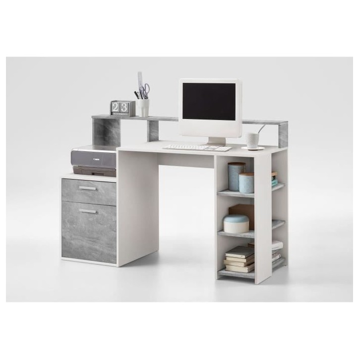 Bureau avec réhausse et rangements BOLTON - Mélamine blanc/gris béton - L138,5 x H91,6 x P53,5 cm Bureau avec réhausse et rangements BOLTON - Mélamine blanc/gris béton - L138,5 x H91,6 x P53,5 cm
