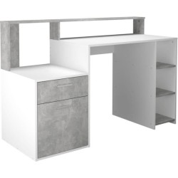 Bureau avec réhausse et rangements BOLTON - Mélamine blanc/gris bét