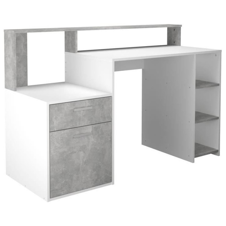 Bureau avec réhausse et rangements BOLTON - Mélamine blanc/gris béton - L138,5 x H91,6 x P53,5 cm Bureau avec réhausse et rangements BOLTON - Mélamine blanc/gris béton - L138,5 x H91,6 x P53,5 cm