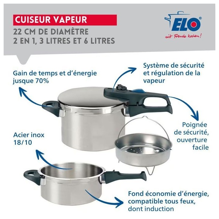 Autocuiseur vapeur - FACKELMANN - Elo Praktika Plus XL - Acier inoxydable 18/10 - 22 cm - 3 a 6 litres Autocuiseur vapeur - FACKELMANN - Elo Praktika Plus XL - Acier inoxydable 18/10 - 22 cm - 3 a 6 litres