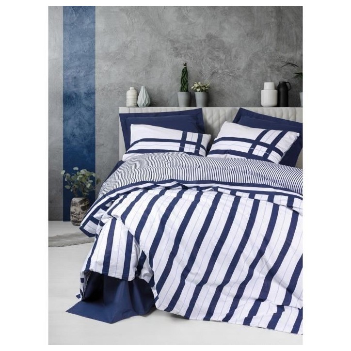 Parure de lit - 1 housse de couette 220 x 240 cm + 2 taies d'oreiller 60 x 60 cm - 100% coton renforcé - Bleu
