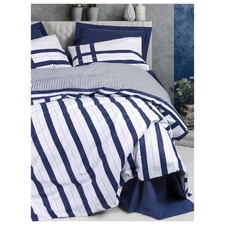 Parure de lit - 1 housse de couette 220 x 240 cm + 2 taies d'oreiller 60 x 60 cm - 100% coton renforcé - Bleu