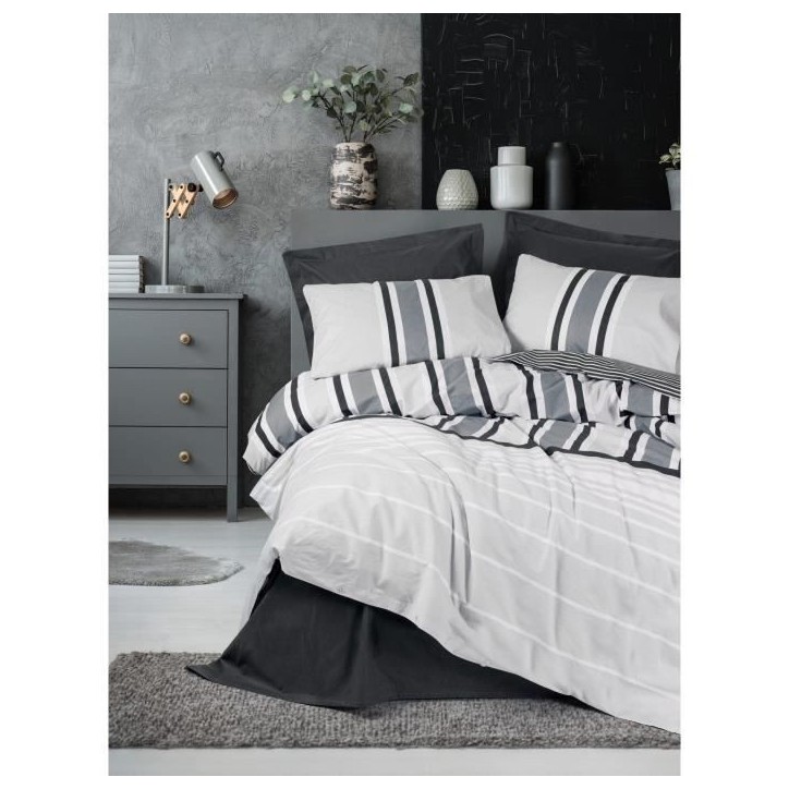 Parure de lit - 1 housse de couette 220 x 240 cm + 2 taies d'oreiller 60 x 60 cm - 100% coton renforcé - Anthracite