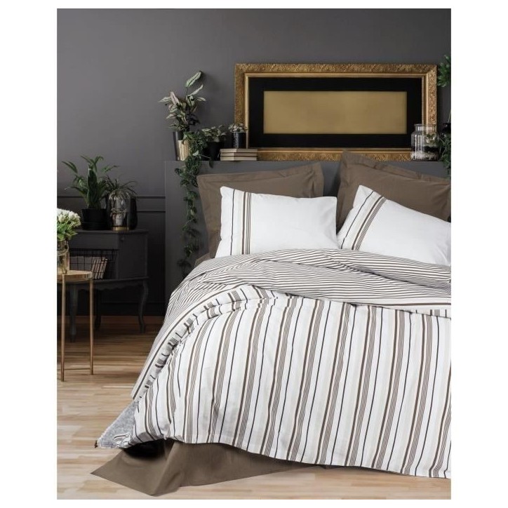 Parure de lit - 1 housse de couette 220 x 240 cm + 2 taies d'oreiller 60 x 60 cm - 100% coton renforcé - Brun