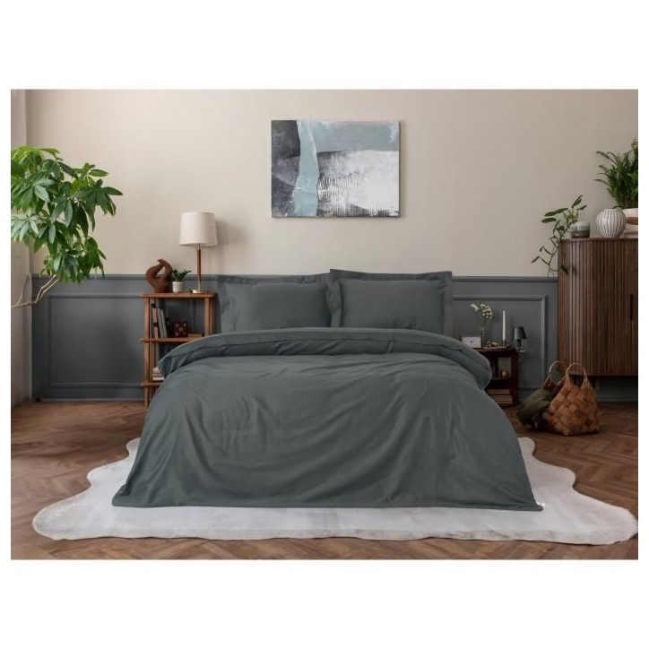 Parure de lit - 1 housse de couette 220 x 240 cm + 2 taies d'oreiller 60 x 60 cm - Satiné 100% coton - Anthracite