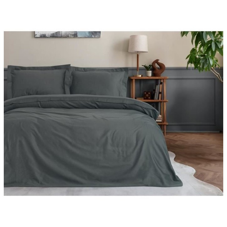 Parure de lit - 1 housse de couette 220 x 240 cm + 2 taies d'oreiller 60 x 60 cm - Satiné 100% coton - Anthracite