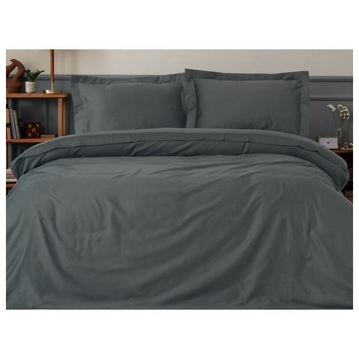 Parure de lit - 1 housse de couette 220 x 240 cm + 2 taies d'oreiller 60 x 60 cm - Satiné 100% coton - Anthracite