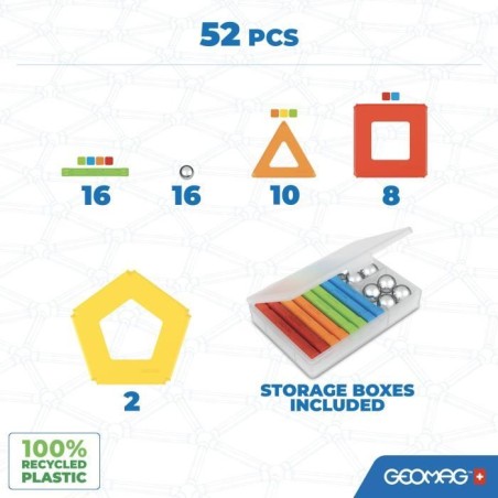 Jeu de construction magnétique - GEOMAG - Supercolor Panels Recycled 52 pieces - Jouet éducatif - 3D - Durable