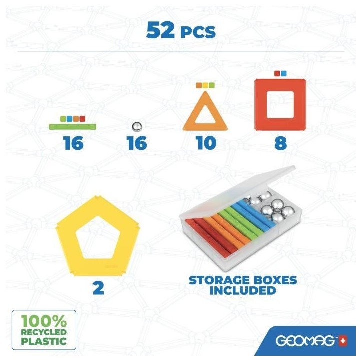 Jeu de construction magnétique - GEOMAG - Supercolor Panels Recycled 52 pieces - Jouet éducatif - 3D - Durable