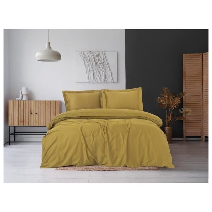 Parure de lit - 1 housse de couette 220 x 240 cm + 2 taies d'oreiller 60 x 60 cm - Satiné 100% coton - Moutarde