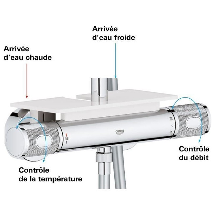 GROHE Colonne de douche mitigeur thermostatique Vitalio Joy 260, tete de douche 260mm, douchette 3 jets, chromé, 26403002