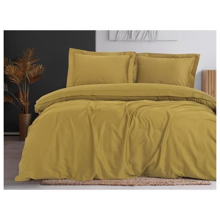 Parure de lit - 1 housse de couette 220 x 240 cm + 2 taies d'oreiller 60 x 60 cm - Satiné 100% coton - Moutarde