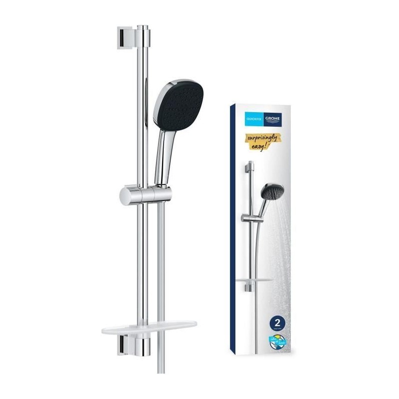 Ensemble de douche avec pommeau 2 jets, barre, flexible et tablette -